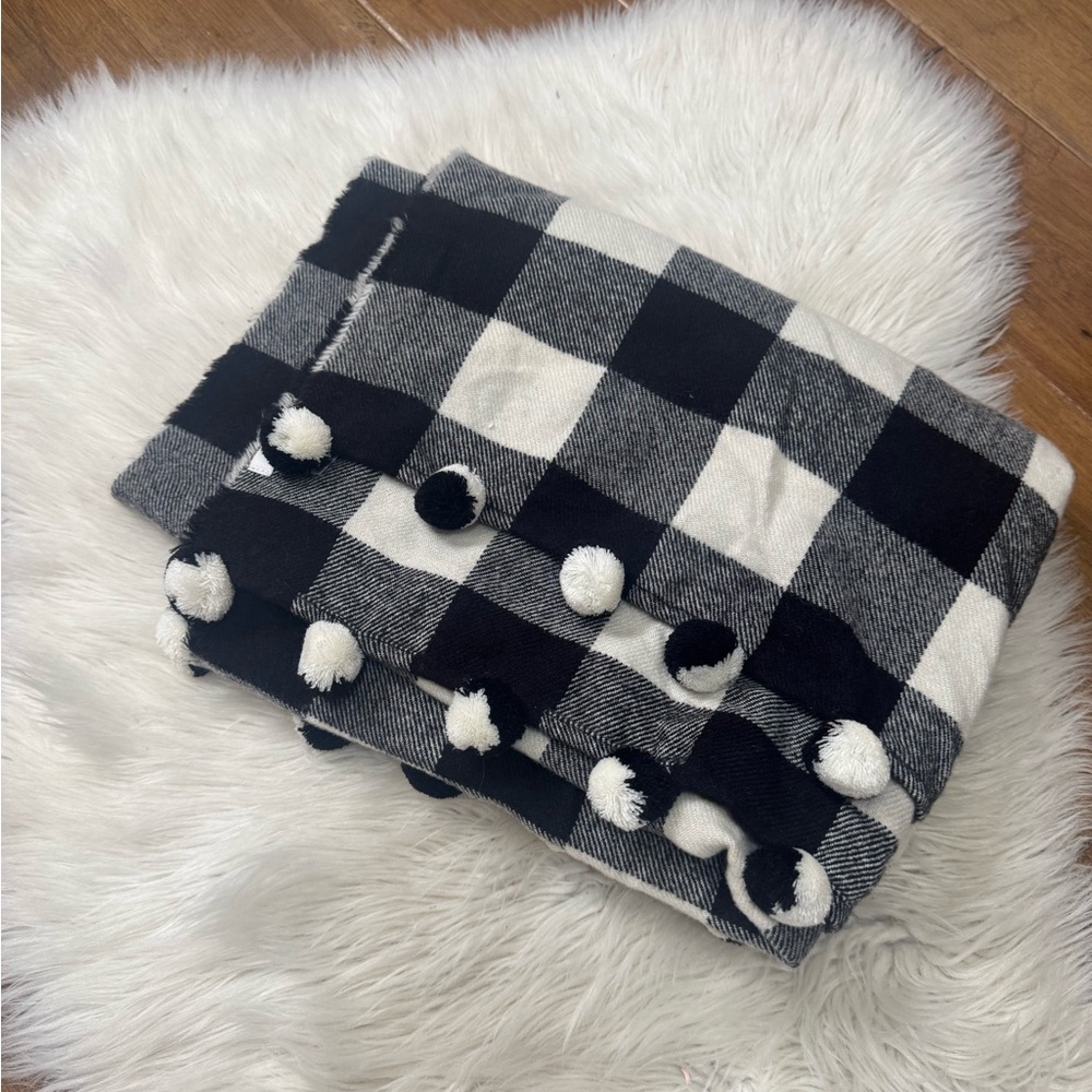 Black and White Checkered Scarf with Pom Poms